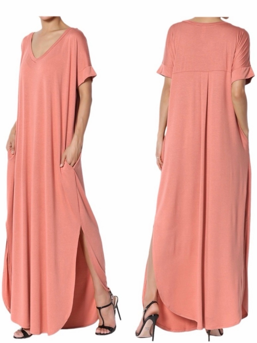 🫶🏼5 for $45!!🫶🏼 Swoop neck Short Sleeve Maxi Dress with Side Slits - coral